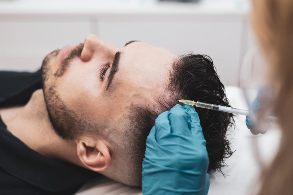 A man receives a scalp injection for hair treatment - Skin Spa Health & Wellness A man receives a scalp injection for hair treatment - Skin Spa Health & Wellness